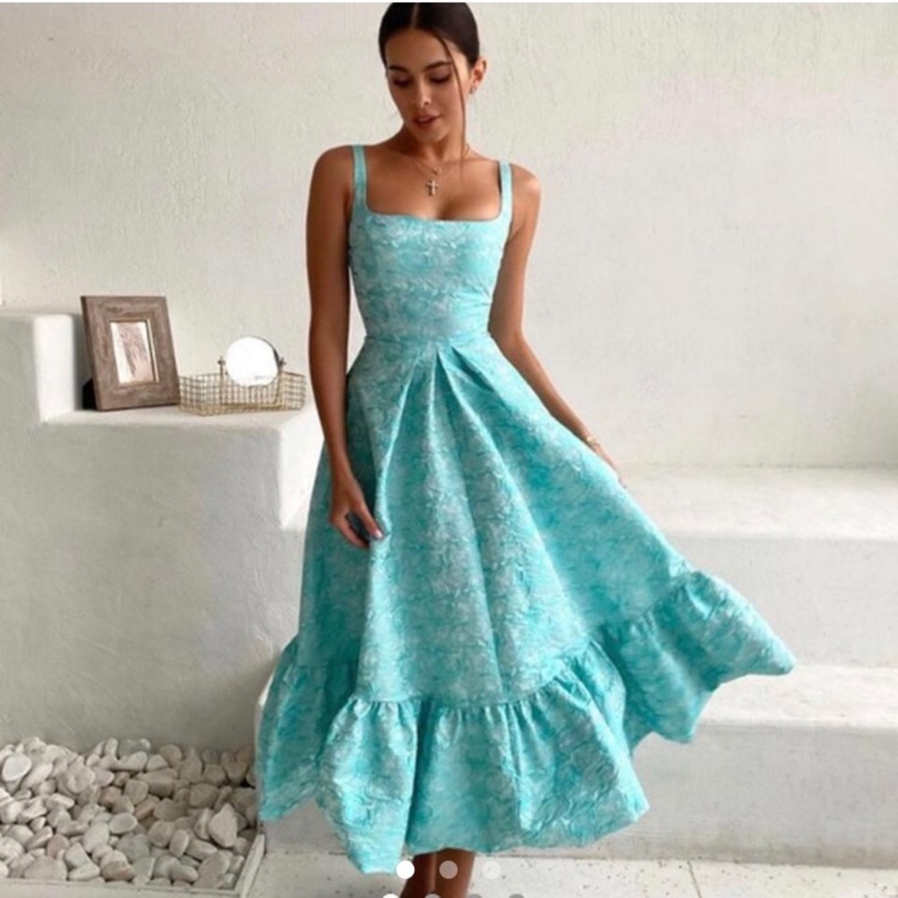Blue Half Sun Rosette Ruffle Light Blue Turquoise Formal Jacquard Dress
